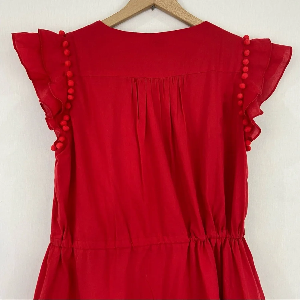 Boutique Large Red Tiered Pom Pom Ruffle Midi Dress - Picture 8 of 12